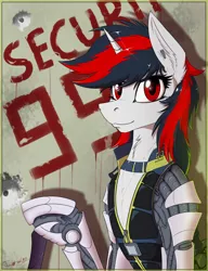 Size: 2000x2600 | Tagged: safe, artist:twotail813, derpibooru import, oc, oc:blackjack, unofficial characters only, cyborg, pony, unicorn, fallout equestria, fallout equestria: project horizons, fanfic, augmented, cyber legs, fanfic art, female, hooves, horn, level 1 (project horizons), mare, rcf community, solo