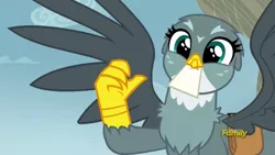 Size: 1595x901 | Tagged: safe, derpibooru import, screencap, gabby, gryphon, the fault in our cutie marks, bag, cute, delivery griffon, discovery family logo, excited, female, gabbybetes, mail, solo