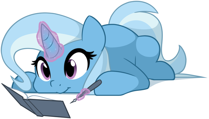 Size: 2934x1677 | Tagged: dead source, safe, artist:furrgroup, derpibooru import, trixie, pony, unicorn, book, cute, diatrixes, female, levitation, magic, mare, pen, prone, simple background, smiling, solo, telekinesis, white background, writing