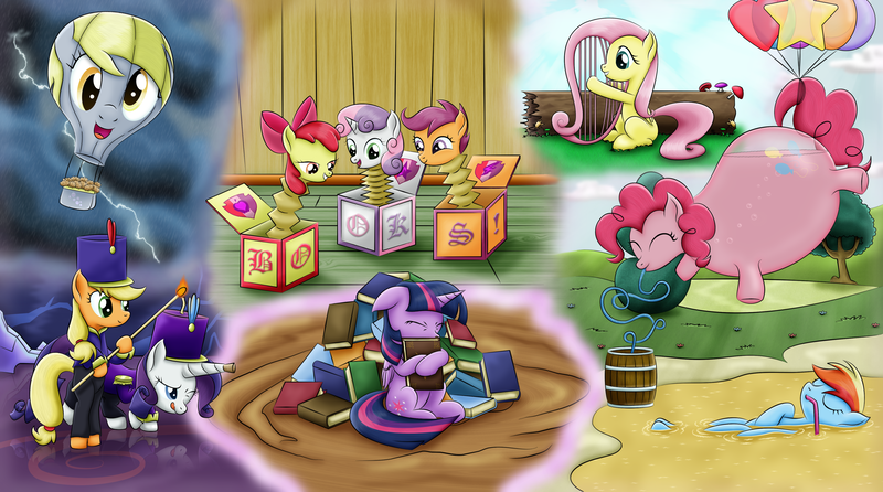 Size: 4200x2343 | Tagged: safe, artist:lifesharbinger, derpibooru import, apple bloom, applejack, derpy hooves, fluttershy, pinkie pie, rainbow dash, rarity, scootaloo, sweetie belle, twilight sparkle, twilight sparkle (alicorn), alicorn, balloon pony, pony, balloon, book, cannon, cutie mark, cutie mark crusaders, female, filly, harp, heffalumps and woozles, hot air balloon, inanimate tf, inflation, jack-in-the-box, mane six, musical instrument, the cmc's cutie marks, transformation, wat, winnie the pooh