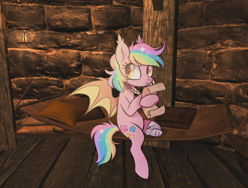 Size: 1968x1497 | Tagged: safe, artist:hawthornss, derpibooru import, oc, oc:paper stars, unofficial characters only, bat pony, pony, ask paper stars, amputee, cute, ear fluff, skyrim, the elder scrolls