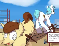 Size: 2073x1600 | Tagged: safe, artist:goat train, deleted from derpibooru, derpibooru import, oc, oc:city sweep, oc:snap feather, unofficial characters only, pony, building, butt bump, butt smash, commission, construction site, dizzy, giant pony, giant unicorn, giant/macro earth pony, macro, power line, swirly eyes, tongue out, truck