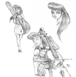 Size: 1100x1113 | Tagged: safe, artist:baron engel, derpibooru import, octavia melody, equestria girls, cello, monochrome, musical instrument, pencil drawing, sketch, traditional art