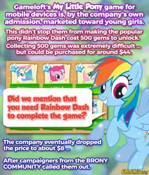 Size: 550x650 | Tagged: safe, derpibooru import, fluttershy, pinkie pie, princess celestia, rainbow dash, shining armor, cracked.com, crack is cheaper, drama, facts, gameloft, gameloft shenanigans, text, the more you know