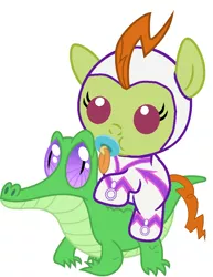 Size: 786x1017 | Tagged: safe, artist:red4567, derpibooru import, fili-second, gummy, pony, baby, baby pony, cute, pacifier, ponies riding gators, power ponies, riding, weapons-grade cute