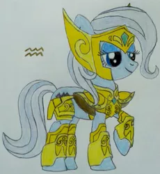 Size: 941x1025 | Tagged: safe, artist:cnsfan2, derpibooru import, oc, oc:aquarius, earth pony, pony, aquarius, armor, crossover, female, mare, ponyscopes, saint seiya, solo, traditional art, zodiac