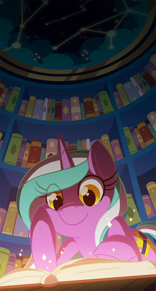 Size: 500x929 | Tagged: safe, artist:lanmana, derpibooru import, oc, oc:mane event, unofficial characters only, pony, unicorn, bronycon, book, constellation, glow, happy, library, perspective, reading, solo, sparkles, underlighting