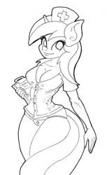 Size: 782x1280 | Tagged: anthro, artist:dimvitrarius, breasts, busty minuette, cleavage, clothes, derpibooru import, female, looking at you, minuette, monochrome, nurse outfit, panties, solo, solo female, suggestive, traditional art, underwear