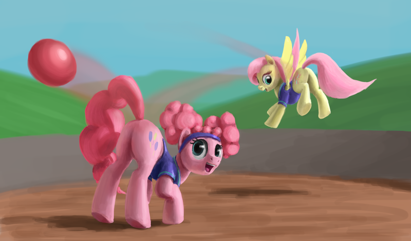 Size: 2542x1492 | Tagged: artist:odooee, balloonbutt, bottomless, buckball, buckball season, butt bump, butt smash, clothes, derpibooru import, duo, flutterbutt, fluttershy, flying, partial nudity, pinkie pie, plot, safe