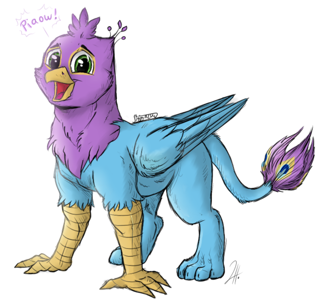 Size: 750x700 | Tagged: safe, artist:shimazun, derpibooru import, oc, oc:gyro feather, oc:gyro tech, unofficial characters only, gryphon, griffonized, piaow, species swap