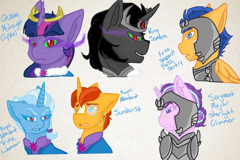 Size: 3888x2592 | Tagged: safe, artist:jeyjeymohr, derpibooru import, flash sentry, king sombra, starlight glimmer, sunburst, trixie, twilight sparkle, pony, unicorn, alternate mane six, alternate universe, armor, female, mare, sombra eyes