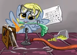 Size: 2000x1422 | Tagged: safe, artist:staremastershy, derpibooru import, derpy hooves, pegasus, pony, bunsen burner, female, fire, glasses, mare, mouth hold, solo, spread wings, test tube, this will end in explosions