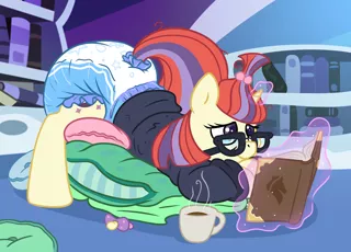 Size: 2292x1650 | Tagged: alternate version, artist:sylph-space, book, coffee, cup, cushion, cute, dancerbetes, derpibooru import, diaper, diaper fetish, magic, moondancer, moondiaper, pacifier, poofy diaper, questionable, telekinesis