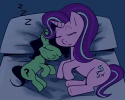 Size: 1055x846 | Tagged: safe, artist:alvh-omega, derpibooru import, starlight glimmer, oc, oc:anonfilly, earth pony, pony, unicorn, anonymous, bed, cute, female, filly, glimmerbetes, mare, sleeping, zzz