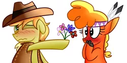Size: 2000x1000 | Tagged: safe, artist:radek1212, derpibooru import, braeburn, little strongheart, buffalo, earth pony, pony, blushing, braeheart, cute, female, floppy ears, flower, hat, hoof hold, looking away, male, nervous, nose wrinkle, one eye closed, shipping, shy, simple background, stallion, straight, surprised, wavy mouth, white background, wide eyes, wink