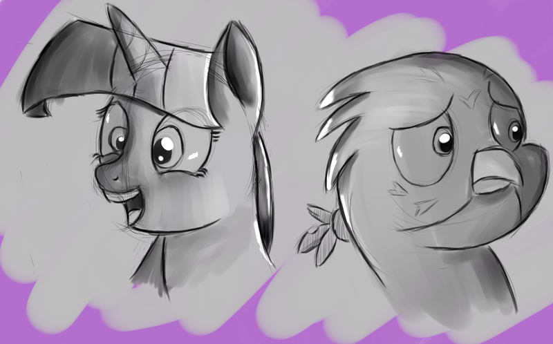 Size: 1280x797 | Tagged: safe, artist:itsthinking, derpibooru import, gabby, twilight sparkle, twilight sparkle (alicorn), alicorn, gryphon, pony, the fault in our cutie marks, bust, monochrome, portrait