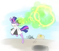 Size: 1216x1041 | Tagged: safe, artist:metal-kitty, derpibooru import, twilight sparkle, anthro, unguligrade anthro, unicorn, clothes, fallout, fallout 4, gamma gun, lab coat, nuclear, radiation, radioactive, radioactive waste, solo, tire, toxic waste, unicorn twilight, wasteland