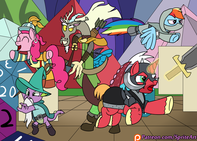 Size: 1400x1000 | Tagged: safe, artist:spritepony, derpibooru import, big macintosh, discord, pinkie pie, rainbow dash, spike, dragon, earth pony, pegasus, pony, unicorn, dungeons and discords, bard pie, captain wuzz, dungeons and dragons, female, garbuncle, group, hat, magic, male, mare, ogres and oubliettes, parsnip, patreon, patreon logo, race swap, rainbow rogue, sir mcbiggen, stallion, telekinesis, unicorn big mac, wizard hat