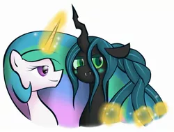 Size: 2508x1899 | Tagged: safe, artist:xain-russell, deleted from derpibooru, derpibooru import, princess celestia, queen chrysalis, changeling, changeling queen, pony, blushing, braid, braiding, chryslestia, fangs, female, lesbian, mare, shipping
