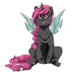 Size: 1180x1104 | Tagged: safe, artist:crecious, derpibooru import, oc, oc:esalen, unofficial characters only, changeling, cute, female, sitting, smiling, solo, tongue out