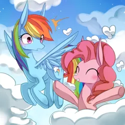 Size: 1000x1000 | Tagged: artist:yunajee, cloud, derpibooru import, pinkie being pinkie, pinkie pie, rainbow dash, safe, shocked