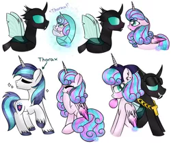 Size: 1024x862 | Tagged: safe, artist:northlights8, derpibooru import, princess flurry heart, shining armor, thorax, changeling, pony, baseball cap, blushing, bubblegum, colored pupils, ear piercing, earring, eyes closed, fangs, female, flurrax, food, gum, hat, jewelry, male, mare, older, older flurry heart, piercing, raised hoof, shipping, simple background, smiling, straight, sunglasses, white background