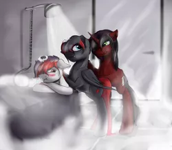 Size: 2563x2235 | Tagged: suggestive, artist:mangticore, derpibooru import, oc, oc:axel, oc:brimstone, oc:phantom, unofficial characters only, blushing, commission, gay, male, not gay, red and black oc, shower