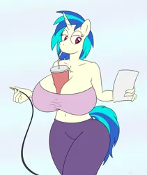 Size: 1795x2130 | Tagged: anthro, artist:gunpowdergreentea, belly button, between breasts, beverage, big breasts, breasts, busty vinyl scratch, clothes, cord, cup, derpibooru import, drinking, female, huge breasts, midriff, pants, paper, reading, solo, solo female, straw, suggestive, vinyl scratch