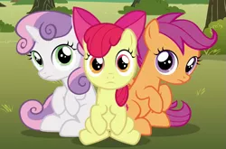 Size: 915x604 | Tagged: safe, derpibooru import, screencap, apple bloom, scootaloo, sweetie belle, earth pony, pegasus, pony, unicorn, the fault in our cutie marks, adorabloom, cute, cutealoo, cutie mark crusaders, diasweetes, female, filly, looking at you, sitting, sweetie belle's stare