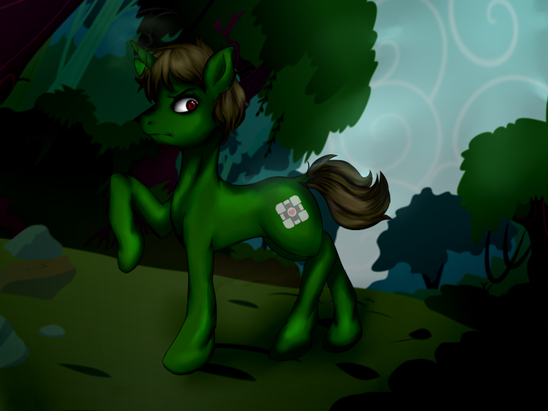 Size: 958x718 | Tagged: safe, artist:danteante, derpibooru import, oc, oc:nahuelin, unofficial characters only, plant pony, pony, unicorn, everfree forest, male, raised hoof, solo