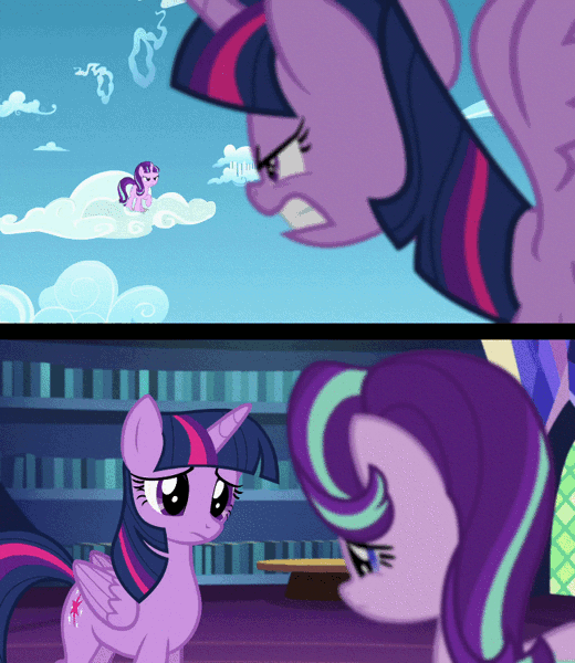 Size: 768x886 | Tagged: safe, derpibooru import, edit, edited screencap, screencap, starlight glimmer, twilight sparkle, twilight sparkle (alicorn), alicorn, pony, unicorn, the crystalling, the cutie re-mark, :c, angry, animated, blurry, book, cloud, cloudsdale, comparison, crouching, cute, female, fight, flying, gif, glare, glimmerbetes, gritted teeth, haiku, ladder, library, magic, mare, out of focus, sad, spread wings, table, twiabetes, twilight's castle, wings