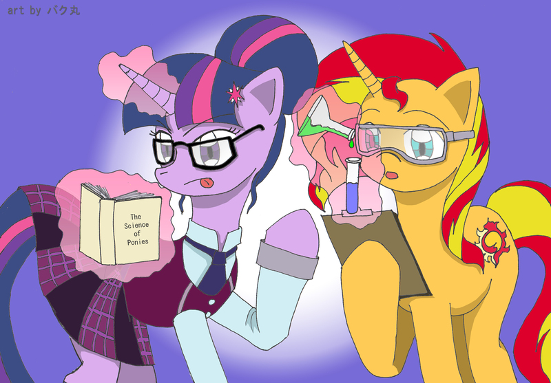 Size: 3282x2284 | Tagged: safe, artist:bakumaru01, derpibooru import, sci-twi, sunset shimmer, twilight sparkle, ponified, pony, unicorn, equestria girls, equestria girls ponified