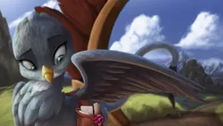 Size: 3840x2160 | Tagged: safe, artist:starblaze25, derpibooru import, gabby, gryphon, the fault in our cutie marks, bag, cloud, female, high res, image, jpeg, looking back, looking down, mail, mailbag, mountain, mountain range, one wing out, raised tail, saddle bag, solo, tail, wings