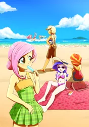 Size: 1000x1419 | Tagged: safe, artist:kelsea-chan, derpibooru import, applejack, fluttershy, pinkie pie, rainbow dash, rarity, sunset shimmer, equestria girls, alternate hairstyle, attached skirt, barefoot, beach, belly button, bikini, breasts, clothes, cute, delicious flat chest, dessert, dress, feet, flattershy, green swimsuit, midriff, moe, ocean, one-piece swimsuit, popsicle, purple swimsuit, swimsuit