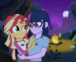 Size: 2691x2172 | Tagged: dead source, safe, artist:drewmwhit, derpibooru import, sci-twi, sunset shimmer, twilight sparkle, equestria girls, legend of everfree, camp everfree outfits, campfire, dusk shine, duskshimmer, glasses, half r63 shipping, male, moon, rule 63, sci-dusk, sciduskshimmer, scitwishimmer, shipping, straight, sunsetsparkle