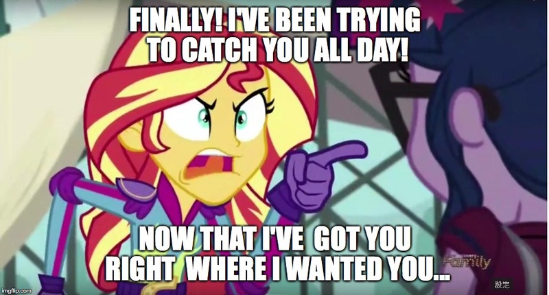 Size: 931x500 | Tagged: safe, derpibooru import, edit, edited screencap, screencap, sci-twi, sunset shimmer, twilight sparkle, equestria girls, friendship games, caption, chocolate with nuts, discovery family logo, image macro, meme, spongebob squarepants, sunset yells at twilight