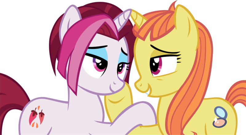 Size: 3151x1735 | Tagged: safe, artist:ironm17, derpibooru import, cayenne, citrus blush, pony, unicorn, base used, citruyenne, female, lesbian, lidded eyes, looking at each other, mare, shipping, simple background, smiling, transparent background, vector