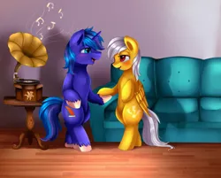 Size: 2730x2195 | Tagged: safe, artist:pridark, derpibooru import, oc, oc:lighting faraday, oc:midnight, unofficial characters only, pony, bipedal, commission, couch, dancing, drunk, duo, gramophone, living room, music notes, open mouth, record, table