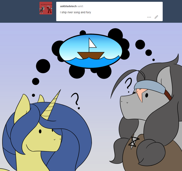 Size: 923x865 | Tagged: artist:lunis1992, ask the amazon mares, boat, derpibooru import, literal, oc, oc:fury, oc:river song, question mark, safe, shipping, thought bubble, tumblr, unofficial characters only