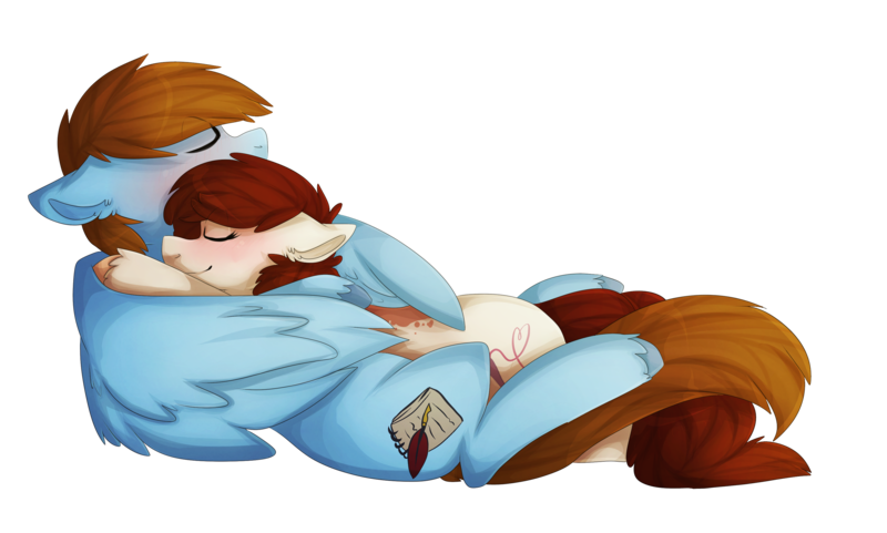 Size: 3193x1921 | Tagged: safe, artist:oddends, derpibooru import, oc, oc:charlie, oc:sorren, unofficial characters only, earth pony, pegasus, pony, charren, couple, cuddling, cute, cutie mark, hug, snuggling, winghug, wings