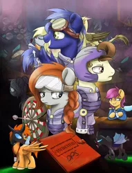 Size: 2040x2670 | Tagged: safe, artist:redheadfly, derpibooru import, derpy hooves, pound cake, scootaloo, oc, oc:blazing sky, oc:lucky fly, changeling, gryphon, pegasus, pony, comic:dps, armor, bubble, cover, female, goggles, helmet, mare, older