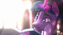 Size: 1500x844 | Tagged: safe, derpibooru import, twilight sparkle, alternate hairstyle, candle, crepuscular rays, eye reflection, glowing horn, image, lens flare, library, magic, png, reading, reflection, solo, subsurface scattering