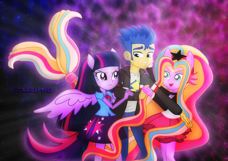 Size: 1600x1131 | Tagged: safe, artist:jucamovi1992, derpibooru import, flash sentry, twilight sparkle, oc, oc:aglaope, equestria girls, flashlight, hug, male, ponied up, shipping, signature, straight