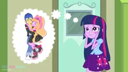 Size: 2480x1395 | Tagged: safe, artist:jucamovi1992, derpibooru import, flash sentry, twilight sparkle, oc, oc:aglaope, equestria girls, flashlight, hug, male, shipping, signature, straight