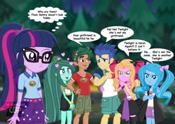 Size: 1600x1131 | Tagged: safe, artist:jucamovi1992, derpibooru import, flash sentry, sci-twi, timber spruce, twilight sparkle, oc, oc:aglaope, oc:piscis, oc:radne, oc:the dark stars, equestria girls, legend of everfree, camp everfree outfits, comic, comic sans, flashlight, hug, male, ponied up, sciflash, shipping, signature, straight