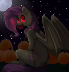 Size: 851x892 | Tagged: safe, artist:poisindoodles, derpibooru import, fluttershy, bat pony, pony, semi-anthro, apple, dock, female, flutterbat, food, night, pumpkin, race swap, solo