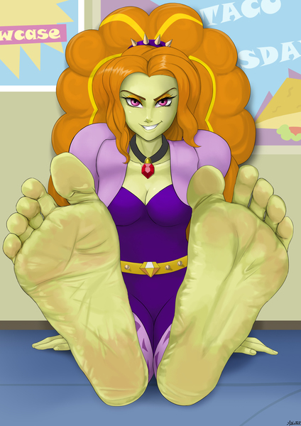 Size: 3508x4961 | Tagged: suggestive, artist:xplotter, derpibooru import, adagio dazzle, equestria girls, rainbow rocks, absurd resolution, barefoot, breasts, canterlot high, cleavage, clothes, commission, evil grin, feet, female, foot fetish, foot focus, gem, grin, image, jewelry, jpeg, looking at you, necklace, pendant, siren gem, sitting, smiling, smirk, soles, solo, solo female, toes, wrinkles