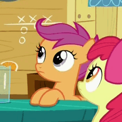 Size: 256x256 | Tagged: safe, derpibooru import, screencap, apple bloom, gabby, scootaloo, gryphon, the fault in our cutie marks, animated, aside glance, breaking the fourth wall, gif, looking at you, reaction image