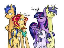 Size: 4000x3000 | Tagged: safe, artist:peppertomb, derpibooru import, comet tail, flash sentry, sunset shimmer, twilight sparkle, twilight sparkle (alicorn), oc, alicorn, pony, awkward moment, cometlight, flashimmer, male, offspring, parent:comet tail, parent:flash sentry, parent:sunset shimmer, parent:twilight sparkle, parents:cometlight, parents:flashimmer, shipping, straight