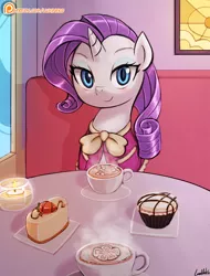 Size: 750x986 | Tagged: safe, artist:lumineko, derpibooru import, rarity, pony, unicorn, cafe, cake, candle, chocolate, clothes, coffee, coffee mug, cup, cupcake, cute, dessert, female, fire, food, hot chocolate, looking at you, mare, marshmallow, patreon, patreon logo, plate, raribetes, rarity day, rarity using marshmallows, signature, sitting, smiling, solo, strawberry, table